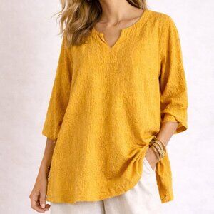 Focus Casual Life Mustard Textured Tunic Top XL Boho Lagenlook Spring Blouse